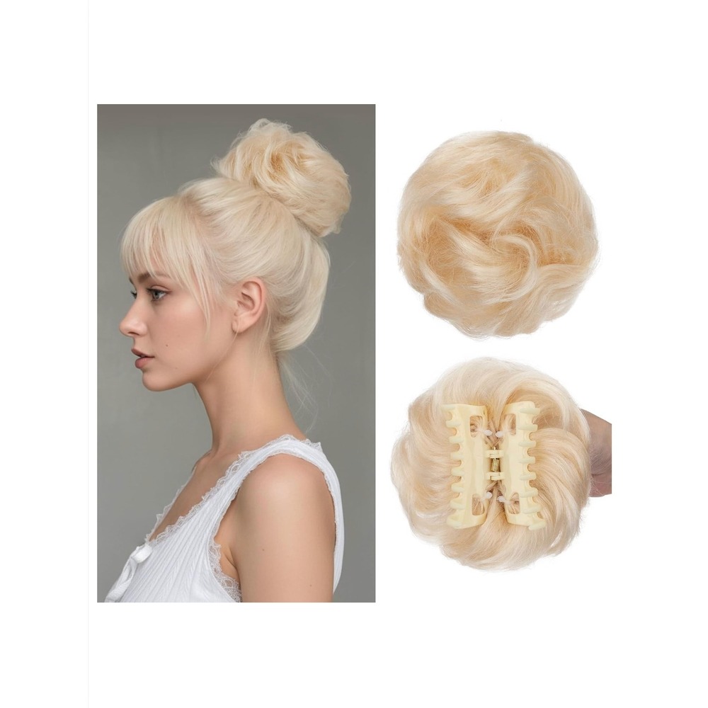 MY-LADY Human Hair Claw Clip Messy Bun Extension Platinum Blonde Wavy Hairpiece